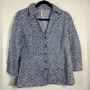 Grand & Greene Blue and White Cotton Linen Blend Button Up V-Neck Blouse Size XL